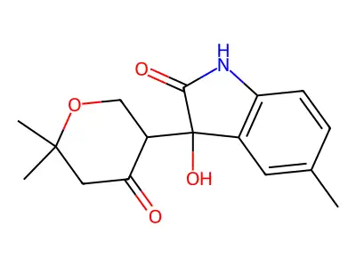 3-(6,6-dimethyl-4-oxooxan-3-yl)-3-hydroxy-5-methyl-1H-indol-2-one structure