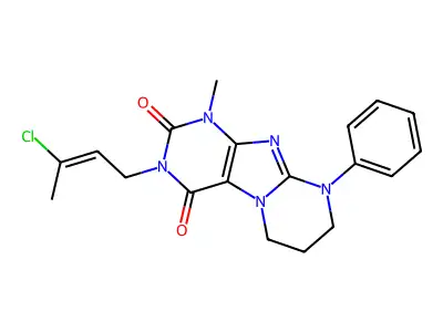 (Z)-3-(3-chlorobut-2-en-1-yl)-1-methyl-9-phenyl-6,7,8,9-tetrahydropyrimido[2,1-f]purine-2,4(1H,3H)-dione structure