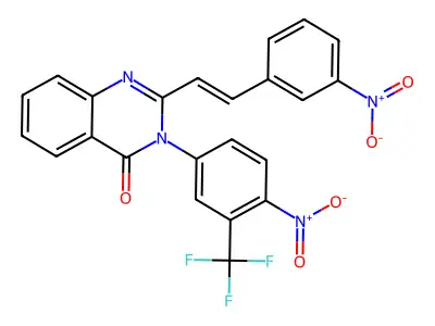 2-[(E)-2-(3-nitrophenyl)ethenyl]-3-[4-nitro-3-(trifluoromethyl)phenyl]quinazolin-4-one structure