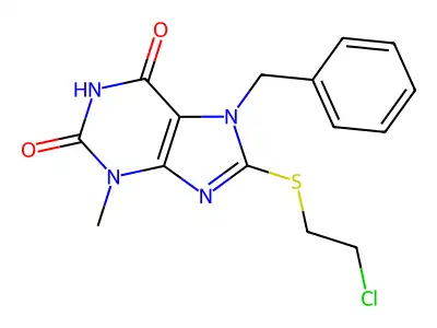 7-Benzyl-8-(2-chloro-ethylsulfanyl)-3-methyl-3,7-dihydro-purine-2,6-dione structure