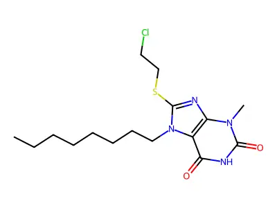 8-[(2-chloroethyl)sulfanyl]-3-methyl-7-octyl-3,7-dihydro-1H-purine-2,6-dione structure