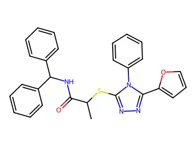 N-benzhydryl-2-[[5-(furan-2-yl)-4-phenyl-1,2,4-triazol-3-yl]sulfanyl]propanamide structure