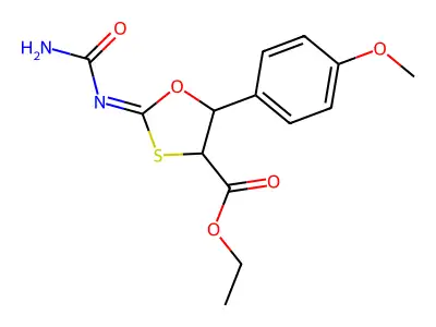 ethyl 2-(carbamoylimino)-5-(4-methoxyphenyl)-1,3-oxathiolane-4-carboxylate structure