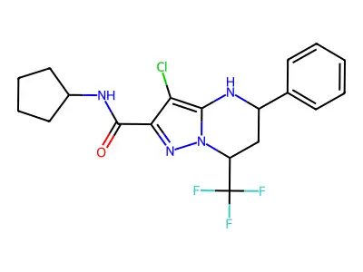 3-chloro-N-cyclopentyl-5-phenyl-7-(trifluoromethyl)-4,5,6,7-tetrahydropyrazolo[1,5-a]pyrimidine-2-carboxamide structure