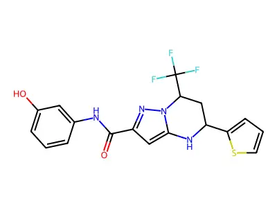 N-(3-hydroxyphenyl)-5-(thiophen-2-yl)-7-(trifluoromethyl)-4,5,6,7-tetrahydropyrazolo[1,5-a]pyrimidine-2-carboxamide structure