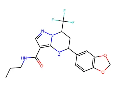 [5-(2H-benzo[3,4-d]1,3-dioxolan-5-yl)-7-(trifluoromethyl)(4H,5H,6H,7H-pyrazolo [1,5-a]1,3-diazaperhydroin-3-yl)]-N-propylcarboxamide structure