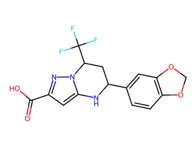 5-(1,3-benzodioxol-5-yl)-7-(trifluoromethyl)-4,5,6,7-tetrahydropyrazolo[1,5-a]pyrimidine-2-carboxylic acid structure