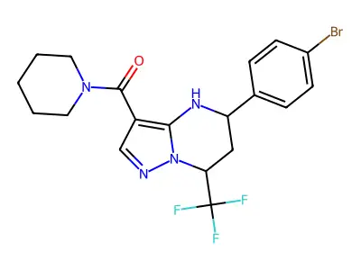 (5-(4-bromophenyl)-7-(trifluoromethyl)-4,5,6,7-tetrahydropyrazolo[1,5-a]pyrimidin-3-yl)(piperidin-1-yl)methanone structure