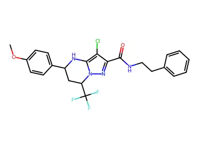 3-chloro-5-(4-methoxyphenyl)-N-(2-phenylethyl)-7-(trifluoromethyl)-4,5,6,7-tetrahydropyrazolo[1,5-a]pyrimidine-2-carboxamide structure