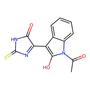 (3E)-1-acetyl-3-(5-oxo-2-thioxoimidazolidin-4-ylidene)-1,3-dihydro-2H-indol-2-one structure