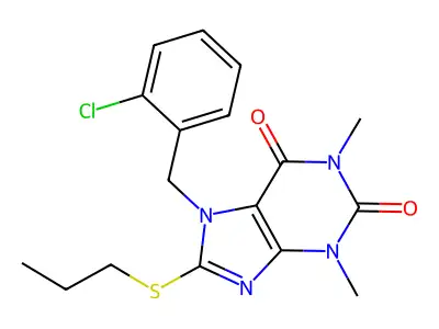 7-[(2-Chlorophenyl)methyl]-1,3-dimethyl-8-propylsulfanylpurine-2,6-dione structure