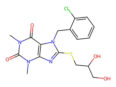 7-[(2-chlorophenyl)methyl]-8-(2,3-dihydroxypropylsulfanyl)-1,3-dimethylpurine-2,6-dione structure