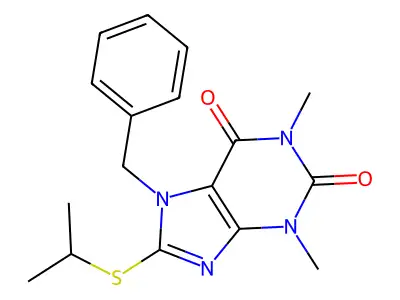 7-Benzyl-1,3-dimethyl-8-propan-2-ylsulfanylpurine-2,6-dione structure