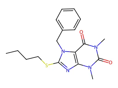 7-benzyl-8-(butylthio)-1,3-dimethyl-1H-purine-2,6(3H,7H)-dione structure