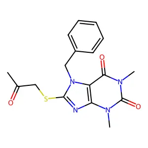 7-benzyl-1,3-dimethyl-8-((2-oxopropyl)thio)-1H-purine-2,6(3H,7H)-dione structure