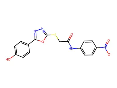 2-((5-(4-Hydroxyphenyl)-1,3,4-oxadiazol-2-yl)thio)-N-(4-nitrophenyl)acetamide structure