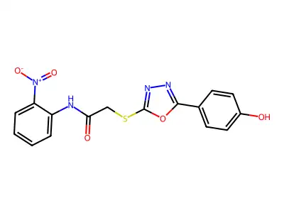 2-((5-(4-Hydroxyphenyl)-1,3,4-oxadiazol-2-yl)thio)-N-(2-nitrophenyl)acetamide structure