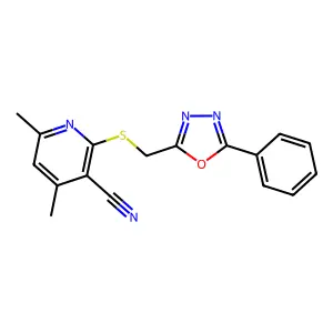4,6-Dimethyl-2-(5-phenyl-[1,3,4]oxadiazol-2-ylmethylsulfanyl)-nicotinonitrile structure