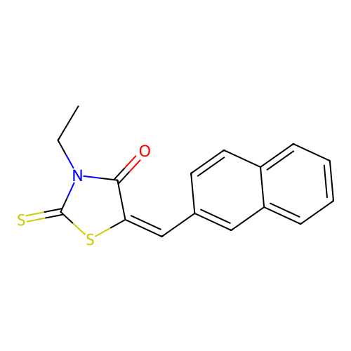 (5E)-3-ethyl-5-(naphthalen-2-ylmethylidene)-2-sulfanylidene-1,3-thiazolidin-4-one structure