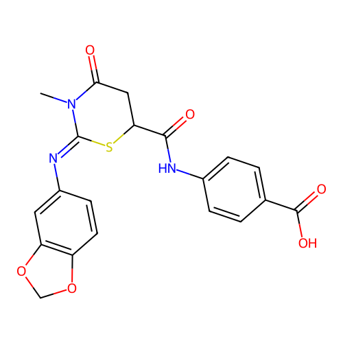(Z)-4-(2-(benzo[d][1,3]dioxol-5-ylimino)-3-methyl-4-oxo-1,3-thiazinane-6-carboxamido)benzoic acid structure