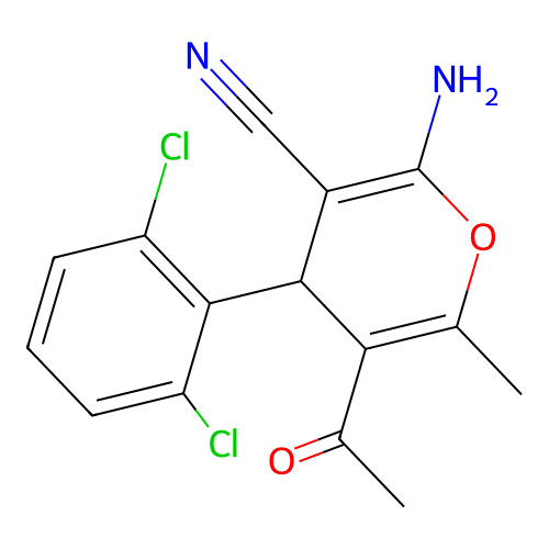 5-acetyl-2-amino-4-(2,6-dichlorophenyl)-6-methyl-4H-pyran-3-carbonitrile structure