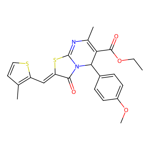 Ethyl 5-(4-methoxyphenyl)-7-methyl-2-((3-methylthiophen-2-yl)methylene)-3-oxo-3,5-dihydro-2H-thiazolo[3,2-a]pyrimidine-6-carboxylate structure