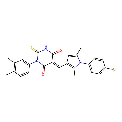 (5E)-5-[[1-(4-bromophenyl)-2,5-dimethylpyrrol-3-yl]methylidene]-1-(3,4-dimethylphenyl)-2-sulfanylidene-1,3-diazinane-4,6-dione structure