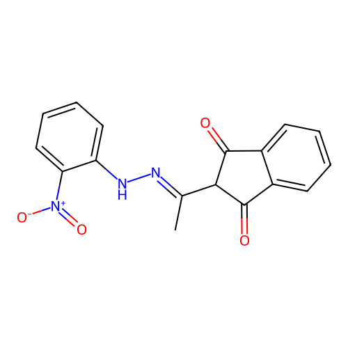 2-{(1E)-1-[2-(2-nitrophenyl)hydrazinylidene]ethyl}-1H-indene-1,3(2H)-dione structure