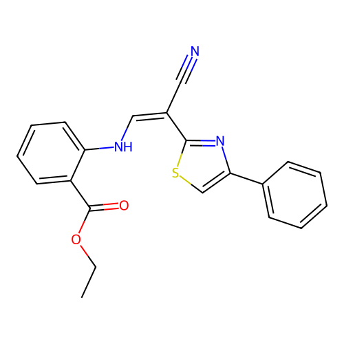 ethyl 2-{[(Z)-2-cyano-2-(4-phenyl-1,3-thiazol-2-yl)ethenyl]amino}benzoate structure
