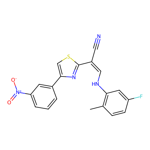 (Z)-3-((5-fluoro-2-methylphenyl)amino)-2-(4-(3-nitrophenyl)thiazol-2-yl)acrylonitrile structure