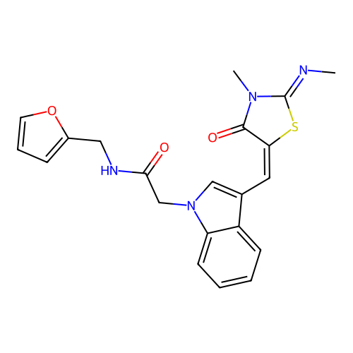 N-(furan-2-ylmethyl)-2-(3-((E)-((E)-3-methyl-2-(methylimino)-4-oxothiazolidin-5-ylidene)methyl)-1H-indol-1-yl)acetamide structure