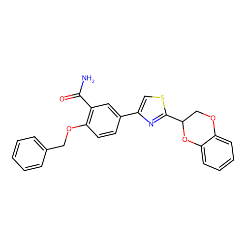 2-(Benzyloxy)-5-[2-(2,3-dihydro-1,4-benzodioxin-2-yl)-1,3-thiazol-4-yl]benzamide structure