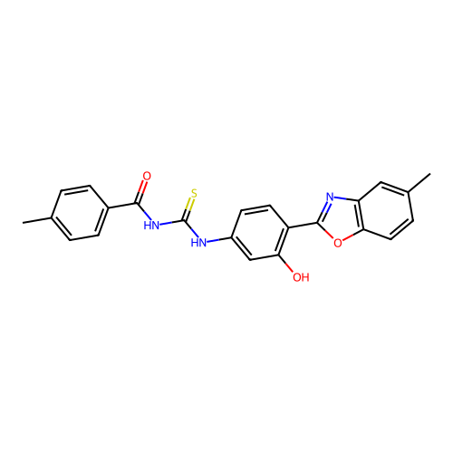 N-((3-hydroxy-4-(5-methylbenzo[d]oxazol-2-yl)phenyl)carbamothioyl)-4-methylbenzamide structure
