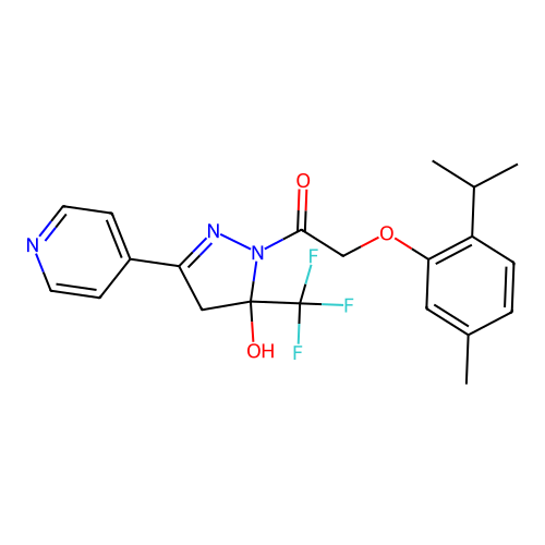 1-(5-hydroxy-3-(pyridin-4-yl)-5-(trifluoromethyl)-4,5-dihydro-1H-pyrazol-1-yl)-2-(2-isopropyl-5-methylphenoxy)ethanone structure