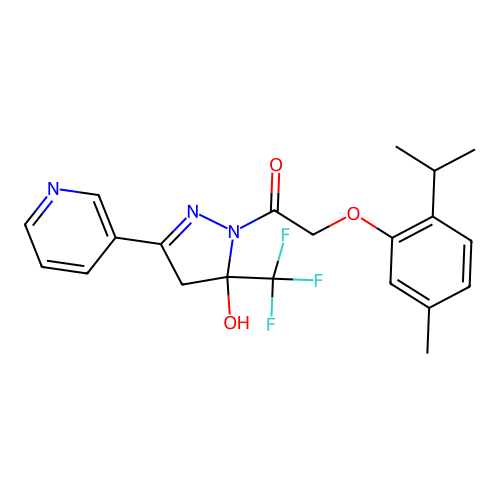 1-(5-hydroxy-3-(pyridin-3-yl)-5-(trifluoromethyl)-4,5-dihydro-1H-pyrazol-1-yl)-2-(2-isopropyl-5-methylphenoxy)ethanone structure