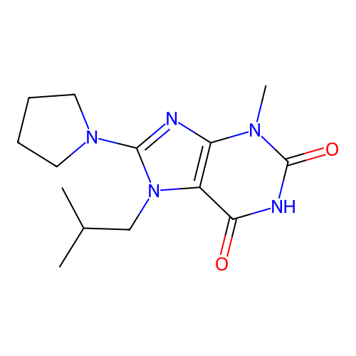 3-methyl-7-(2-methylpropyl)-8-(pyrrolidin-1-yl)-3,7-dihydro-1H-purine-2,6-dione structure