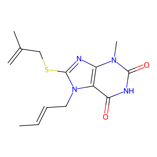 7-[(E)-but-2-enyl]-3-methyl-8-(2-methylprop-2-enylsulfanyl)purine-2,6-dione structure
