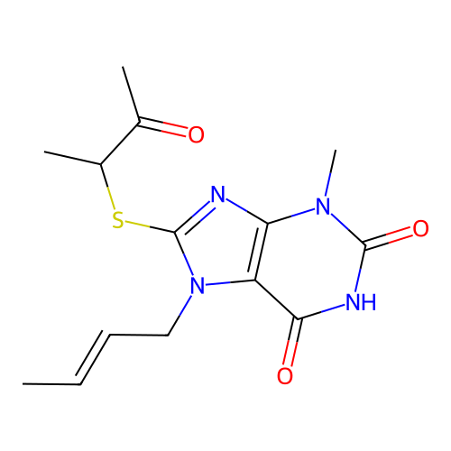 7-[(2E)-but-2-en-1-yl]-3-methyl-8-[(3-oxobutan-2-yl)sulfanyl]-3,7-dihydro-1H-purine-2,6-dione structure