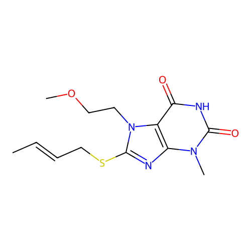 (E)-8-(but-2-en-1-ylthio)-7-(2-methoxyethyl)-3-methyl-1H-purine-2,6(3H,7H)-dione structure