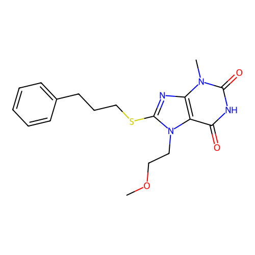 7-(2-Methoxyethyl)-3-methyl-8-(3-phenylpropylsulfanyl)purine-2,6-dione structure