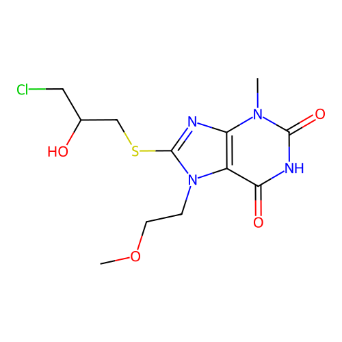 8-[(3-chloro-2-hydroxypropyl)sulfanyl]-7-(2-methoxyethyl)-3-methyl-3,7-dihydro-1H-purine-2,6-dione structure
