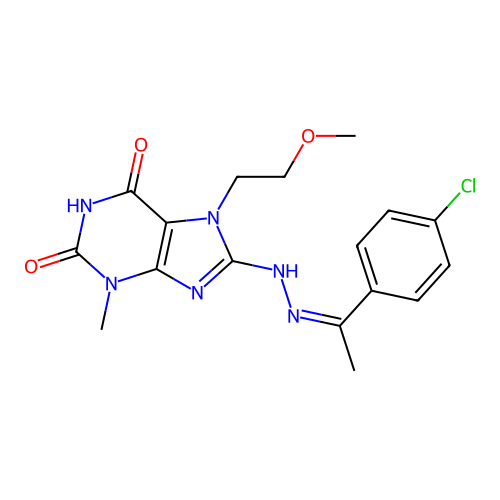 (Z)-8-(2-(1-(4-chlorophenyl)ethylidene)hydrazinyl)-7-(2-methoxyethyl)-3-methyl-1H-purine-2,6(3H,7H)-dione structure