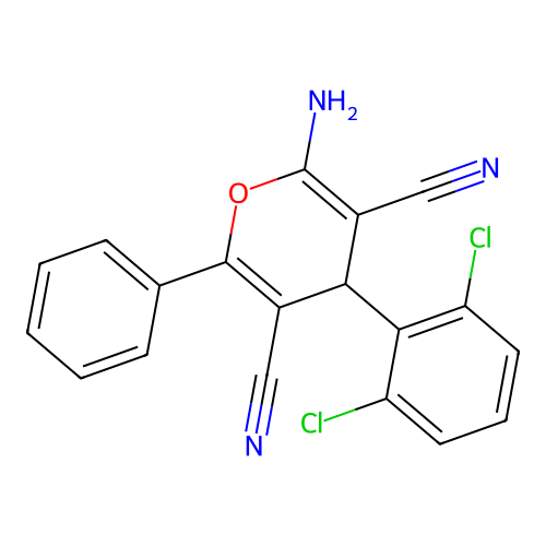 2-amino-4-(2,6-dichlorophenyl)-6-phenyl-4H-pyran-3,5-dicarbonitrile structure