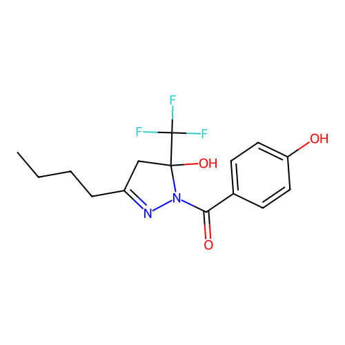 3-Butyl-1-(4-hydroxybenzoyl)-5-(trifluoromethyl)-4,5-dihydro-1H-pyrazol-5-OL structure