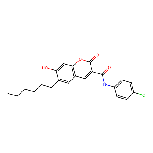 N-(4-chlorophenyl)-6-hexyl-7-hydroxy-2-oxo-2H-chromene-3-carboxamide structure