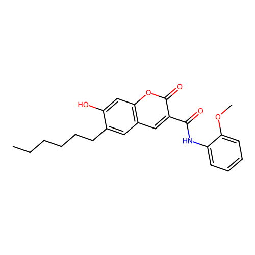 6-hexyl-7-hydroxy-N-(2-methoxyphenyl)-2-oxo-2H-chromene-3-carboxamide structure