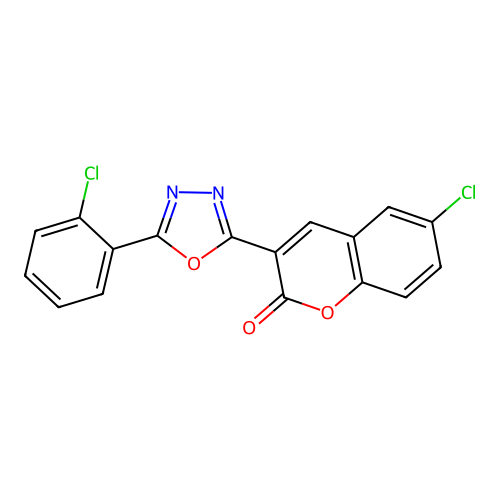 6-chloro-3-[5-(2-chlorophenyl)-1,3,4-oxadiazol-2-yl]-2H-chromen-2-one structure