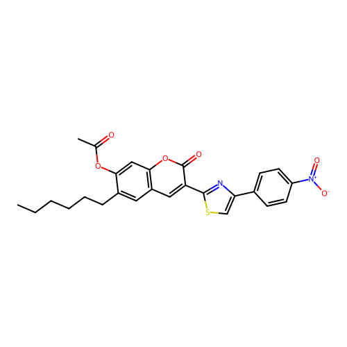6-hexyl-3-[4-(4-nitrophenyl)-1,3-thiazol-2-yl]-2-oxo-2H-chromen-7-yl acetate structure