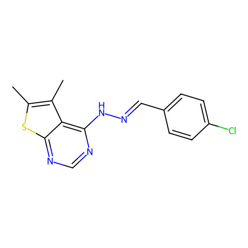 4-[(2E)-2-(4-chlorobenzylidene)hydrazinyl]-5,6-dimethylthieno[2,3-d]pyrimidine structure