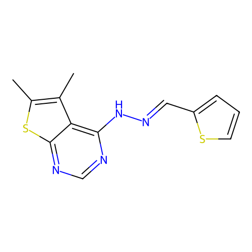 (E)-5,6-dimethyl-4-(2-(thiophen-2-ylmethylene)hydrazinyl)thieno[2,3-d]pyrimidine structure